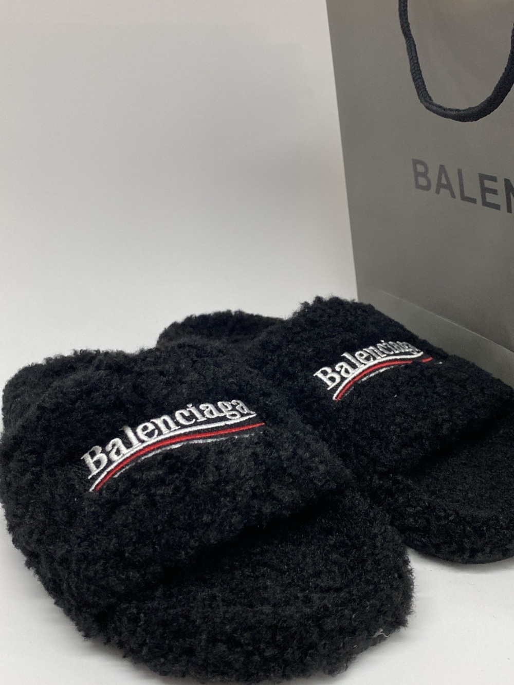 Balenciaga Black Fuzzy Logo Slide Slippers with Red Accent